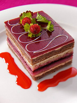 Chocolate Wafer with Raspberry Mousse and Strawberry Coulis