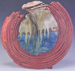 "Permanent Flow," 16 in. (41cm.) in height, hand-formed red clay, carved, layered glazes, underglaze, multiple-fired in electric at cone 6. 2007