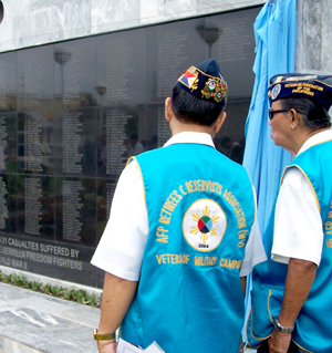 Two veterans look at the newly unveiled Wall of Memory 