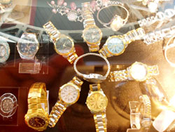 Gold watches on display