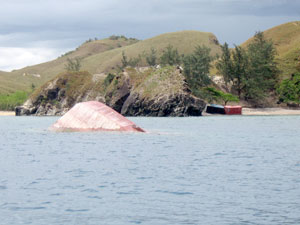 Like the MV Princess of the Stars, the MV Ocean Papa lies overturned with its bow sticking out from the water some 5 kilometers off the coast of Culasi, Antique.