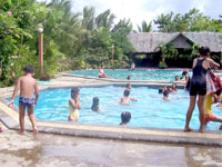 The pool surrounded with greens to make the place cool.