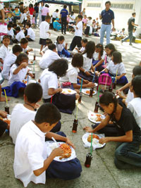 Enjoying a meal before the games.