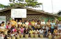 Mother and kids with their basket of goods.