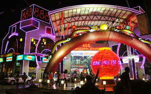 888 Chinatown Square in Bacolod City complete with decorations welcoming the Chinese New Year glows at night.