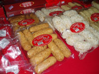 Red ampao, peanut roll, rice roll and