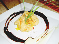 Tempura Prawns with Green Mango Relish and Sweet Wasabi Sauce.