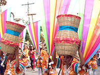 Colorful baskets and banners on the road.