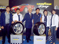 Emman Aguillon, CFO of F&E Group, Jeff Borja, International Racer, Dark Side Racing Team, Goodyear Philippines president and Managing Director Dave Morin, F&E Group’s President Atty. Eduardo Aguillon, Filamie Aguillon, General Manager and CEO and Gen Aguillon, COO pose at the Goodyear Racing Zone.