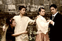 Doña Victorina (played by Lubel Ann Tarol), Juanito (played by John Philip Sevilla), Paulita (Charlene Sucgang), and Simon (Nikhail Ben-Hur Pasol).