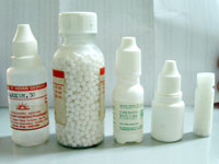Dilution, globules, eye drop, another dilution and a vial of globules.