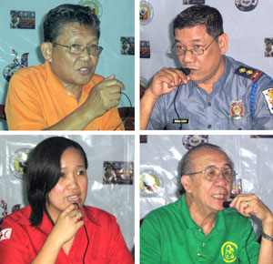 Engr. Raul Gallo (Sanitation Committee), Capt. Bob Foerster (Traffic Management Unit) , Red Cross OIC Maricel Linga (Health) and Jun Rivera (Religious Committee) discuss the preparations for the upcoming Dinagyang Festival.