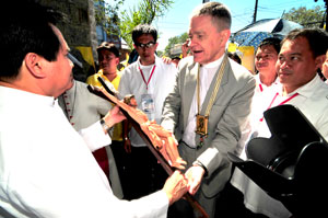 Papal Nuncio to the Philippines Archbishop Joseph Edward Adams arrives at the San Sebastian Cathedral in Bacolod City.