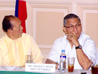 Energy Secretary Angelo Reyes (right) listens to the report of the various government agencies during the Visayas Power Stakeholders meeting yesterday at the Sarabia Manor Hotel and Convention Center in Iloilo City. At left is Iloilo Governor Niel Tupas Sr.