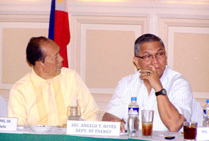Energy Secretary Angelo Reyes (right) listens to the report of the various government agencies