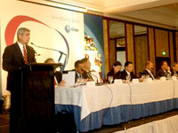 Globe Chairman Jaime Augusto Zobel De Ayala leads the panel of the board of directors during the Globe Annual Stockholders’ Meeting