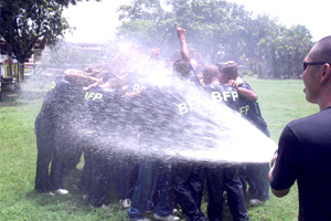FIREMEN. Firefighter trainees of the Bureau of Fire Protection get drenched