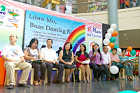 Dominic Maquiran of UPV, Gina Espinosa, president of the Iloilo Cultural Research Foundation; Minda Brigoli, DSWD 6 director; Daphne Culanag, project director of ABK2 Initiative; Crispin Dannug, Jr, DOLE 6 OIC-Director; (3rd to 7th from left) and Dr. Corazon Tolohan of DepEd (far right), are joined by representatives from other sectors during the launching of ABK2 Initiative's Book Drive at Robinsons Place Iloilo recently.