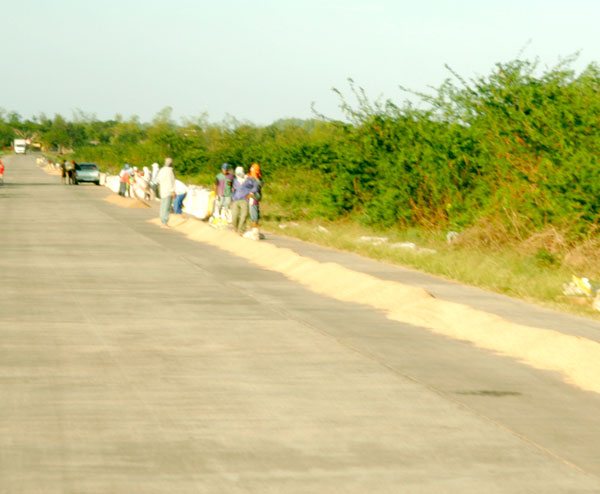 Farmers gather the palay they laid on one side of the Coastal road along Dumangas